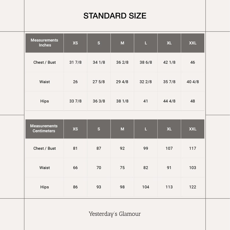 May include: A size chart showing measurements in inches and centimetres for chest/bust, waist, and hips, ranging from XS to XXL. The text "STANDARD SIZE" is at the top. The brand name "Yesterday's Glamour" is at the bottom.