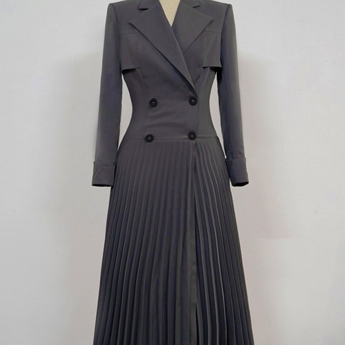Vintage Inspired Pleated Trench Coat Dress - Double Breasted Shirtdress