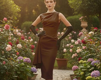 Handmade Brown Asymmetrical Midi Dress | Retro Cocktail Gown
