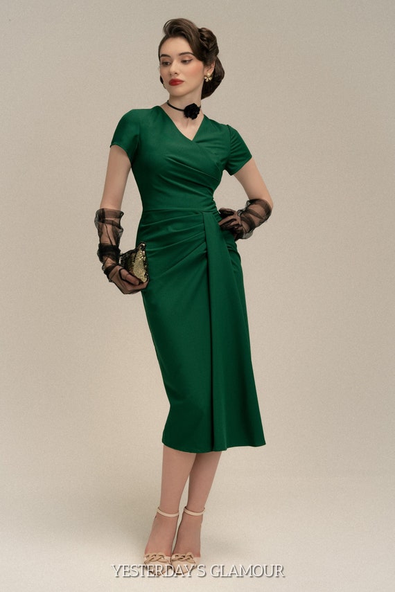 1940s green dress Green Square Collar Cape Sleeve Flower 1940S Vintage Dress, Green / S main image 1