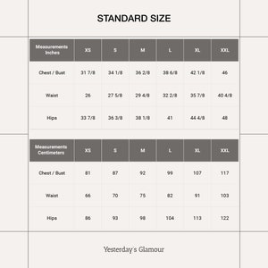 Puede incluir: Tabla de tallas para ropa en pulgadas y cent&iacute;metros. La tabla muestra las medidas de pecho, cintura y caderas en tallas XS, S, M, L, XL y XXL.