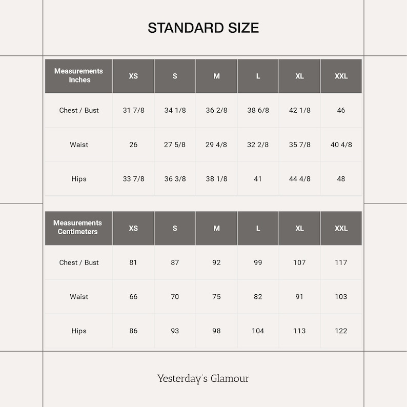 Puede incluir: Tabla de tallas para ropa en pulgadas y cent&iacute;metros. La tabla muestra las medidas de pecho, cintura y caderas en tallas XS, S, M, L, XL y XXL.