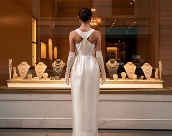 Midi Pencil Dress With Deep Front Slit, White Pencil Dress, Simple Wedding  Dress, Long Sleeve Dress, Elegant Wedding Dress, Bridal Dress - Etsy