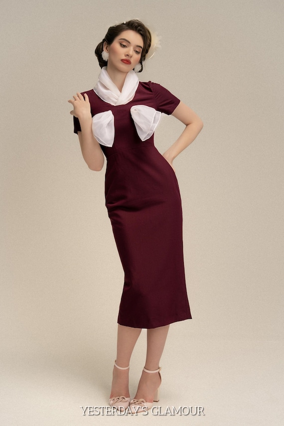 burgundy dress with bow Midi – White Scarf Neckline, Accents Color:Orange Floral 95% Polyester 5% Spandex PO2 Frilled denim dress |