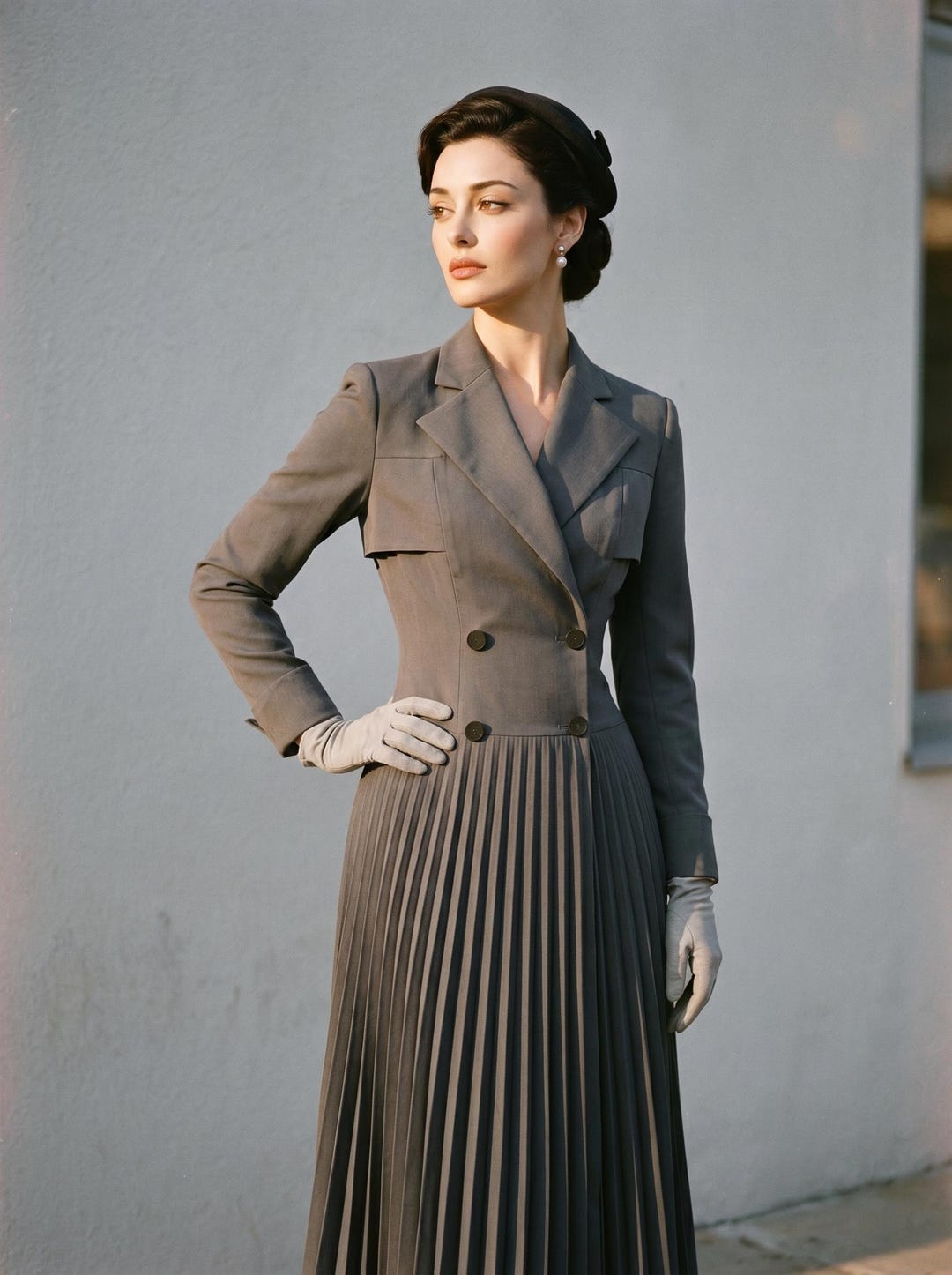 Pleated Trench Coat Dress | Retro Midi Outfit | Elegant Button Front