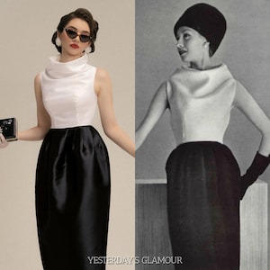 Faye High Neck and Full Skirt Dress - Elegant Black and White Design Cocktail Dress - Retro and Vintage Outfit, 1950s, 1940s