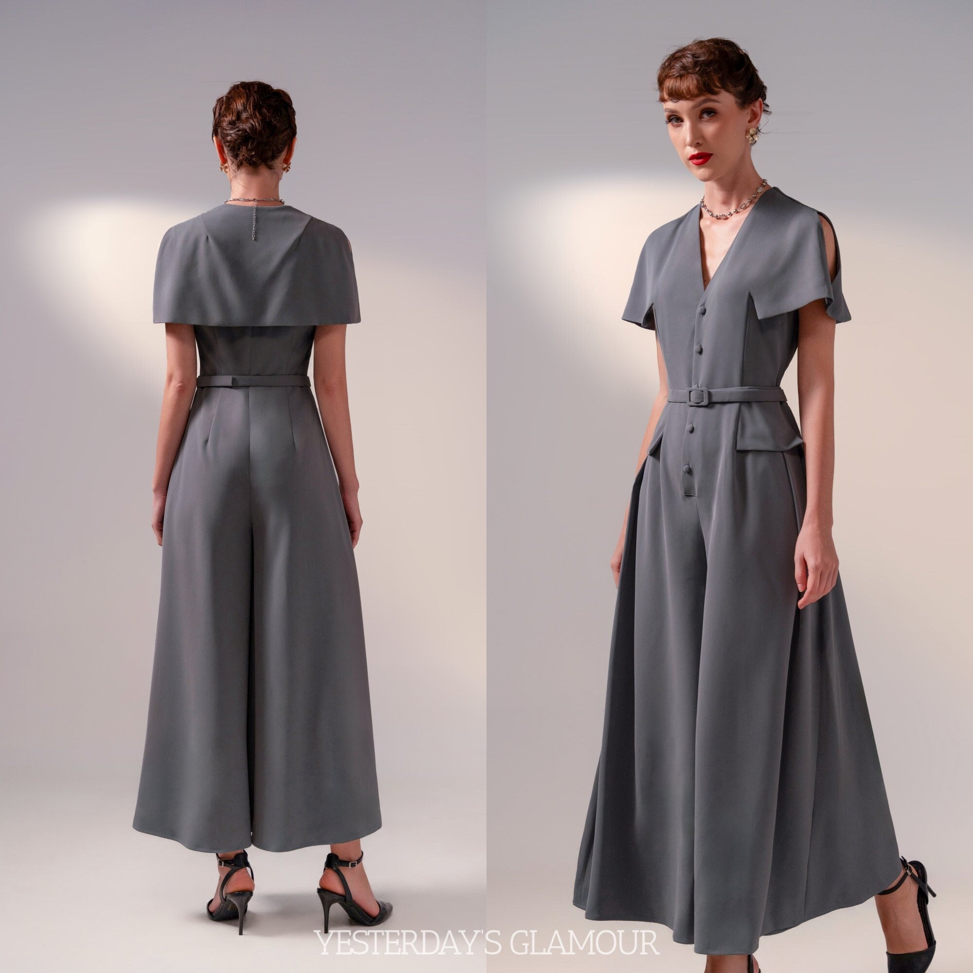 Anita Plunging Neckline Cape Jumpsuit with Belt - Effortlessly Glamorous Retro-Inspired