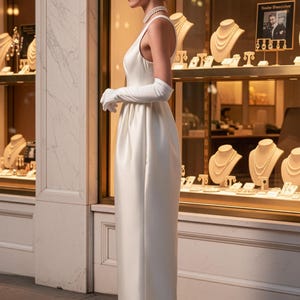 May include: A sleeveless floor-length white satin dress with a scoop neckline and a gathered waistline. The outfit includes long white opera gloves, a multi-strand pearl necklace, and white pumps. The text YESTERDAY'S GLAMOUR is at the bottom.
