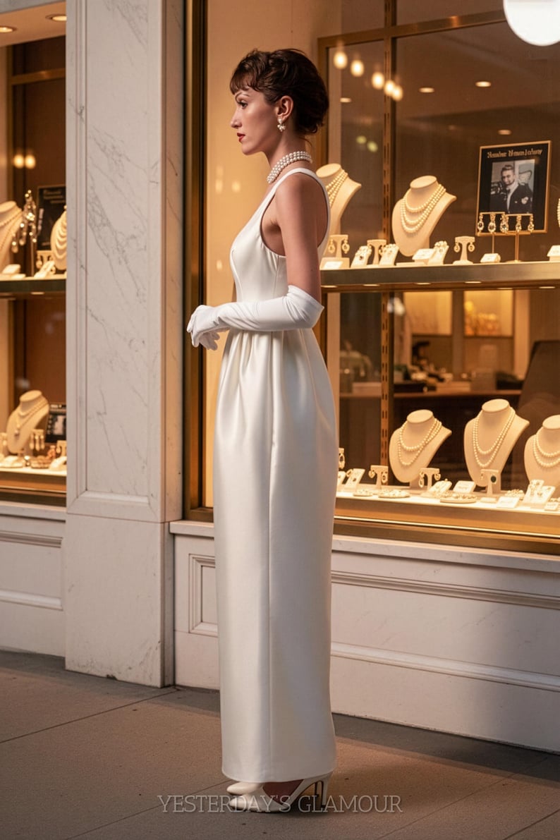 May include: A sleeveless floor-length white satin dress with a scoop neckline and a gathered waistline. The outfit includes long white opera gloves, a multi-strand pearl necklace, and white pumps. The text YESTERDAY'S GLAMOUR is at the bottom.