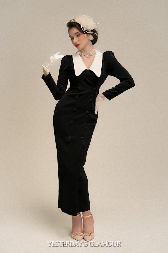 princess polly baby blue dress Gwen Black Double-breasted Dress With White Collar – Elegant Long Sleeve  Formal Gown