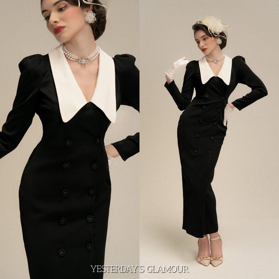 Vintage Charm: Gwen Long Black Dress With Sharp White Collar and Tailored Fit - Etsy Australia Vintage Charm: Gwen Long Black Dress With Sharp White Collar and Tailored Fit - Etsy Australia