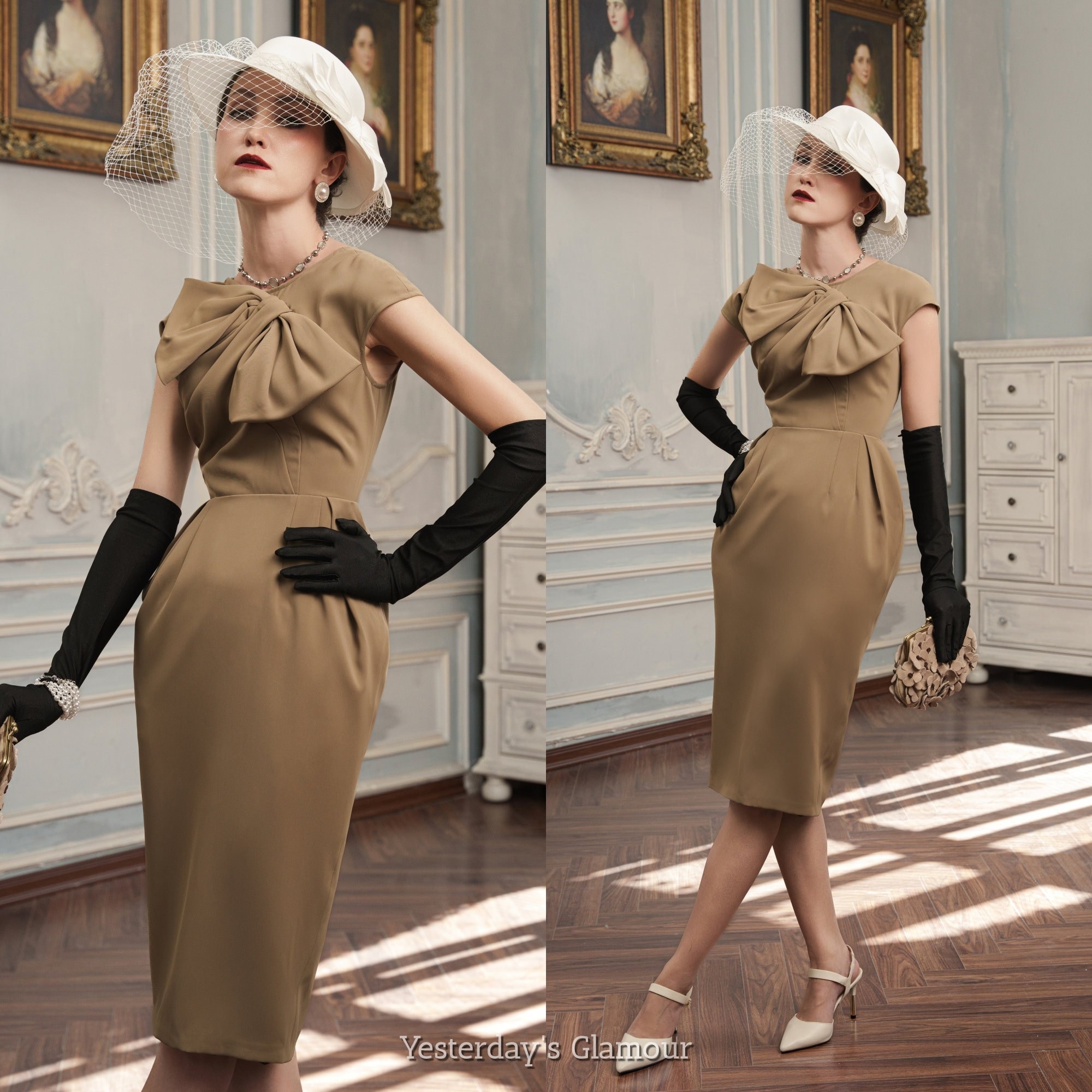 Allison Elegant Bow Tie Dress - Cap Sleeves, Cotton Blend Twill Fabric - Vintage-inspired Wardrobe Essential