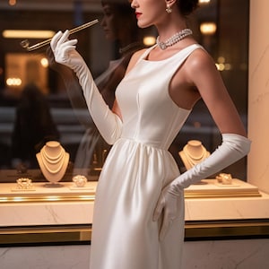 May include: A sleeveless white satin dress paired with long white opera gloves, a multi-strand pearl necklace, and small stud earrings. The ensemble includes a gold-toned cigarette holder. The text YESTERDAY'S GLAMOUR is visible at the bottom.