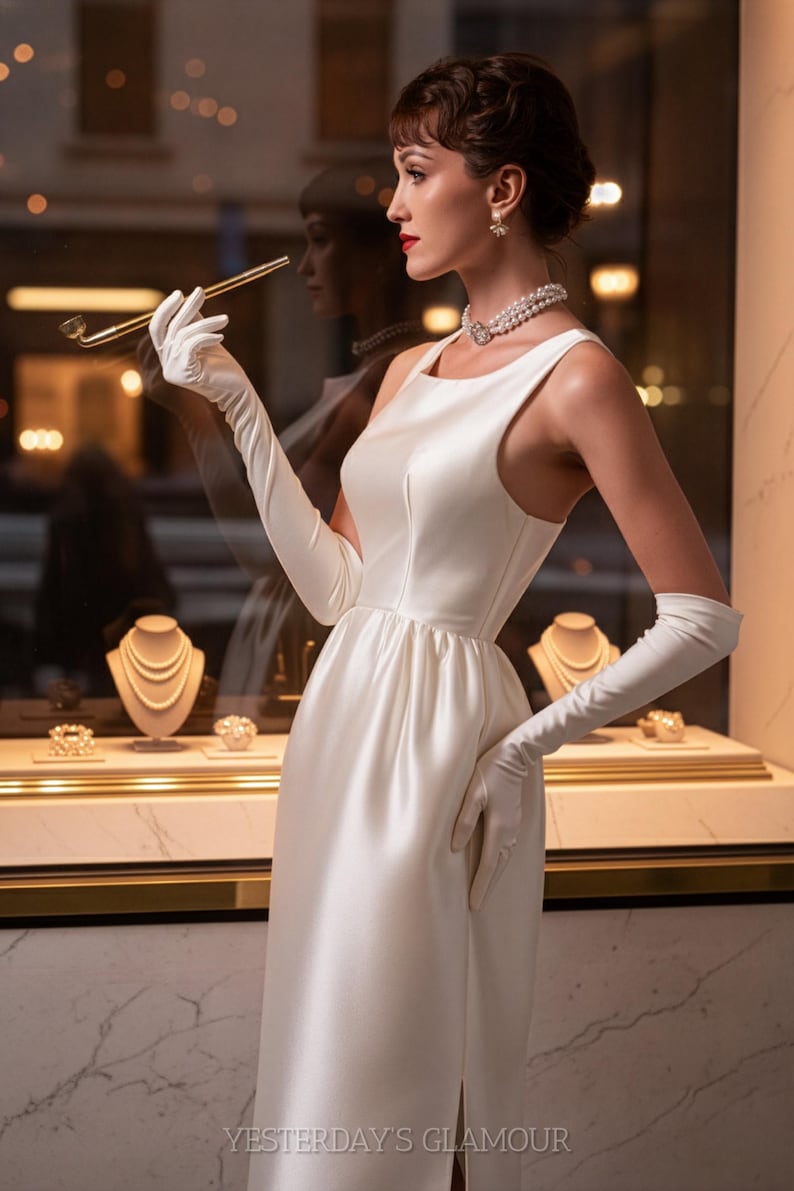 May include: A sleeveless white satin dress paired with long white opera gloves, a multi-strand pearl necklace, and small stud earrings. The ensemble includes a gold-toned cigarette holder. The text YESTERDAY'S GLAMOUR is visible at the bottom.