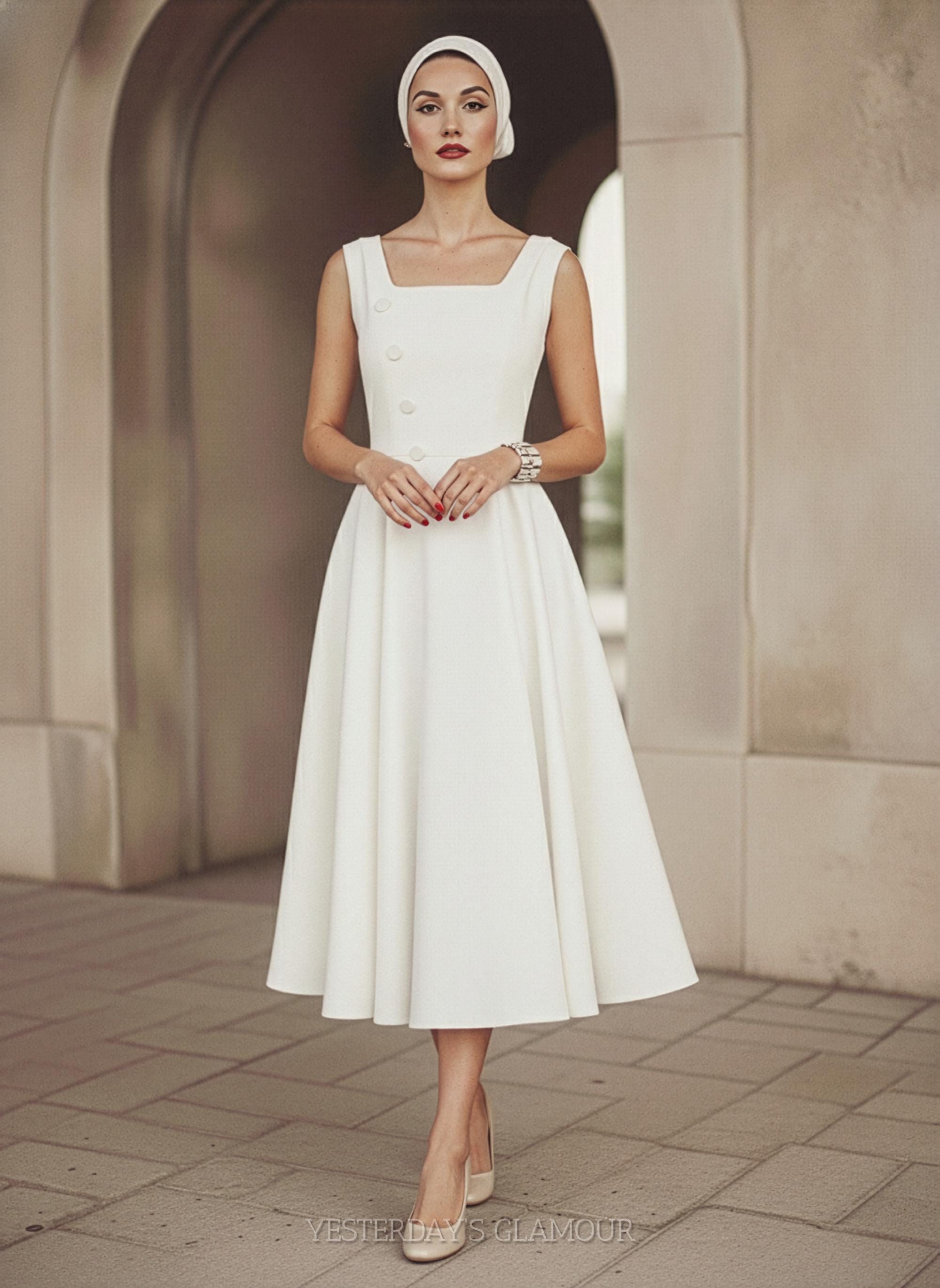 vintage white formal dress Inspired Midi with Square Neckline | Elegant Mother of the Bride Dress beaded lace Aline by Faviana