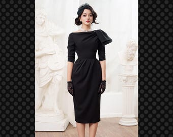 Dovi Straight Bow Tie Boat Neck Dress - Custom Made All Sizes 40s 50s