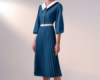 Vestido largo plisado Marlene Swing con cinturón - Conjunto vintage de mujer con escote en V para fiestas de los años 50