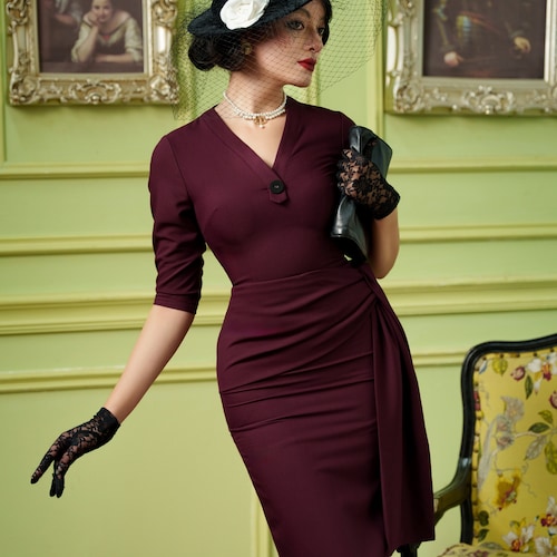burgundy rockabilly dress velvet trim swing dress rockabilly 50s custom made vintage inspired