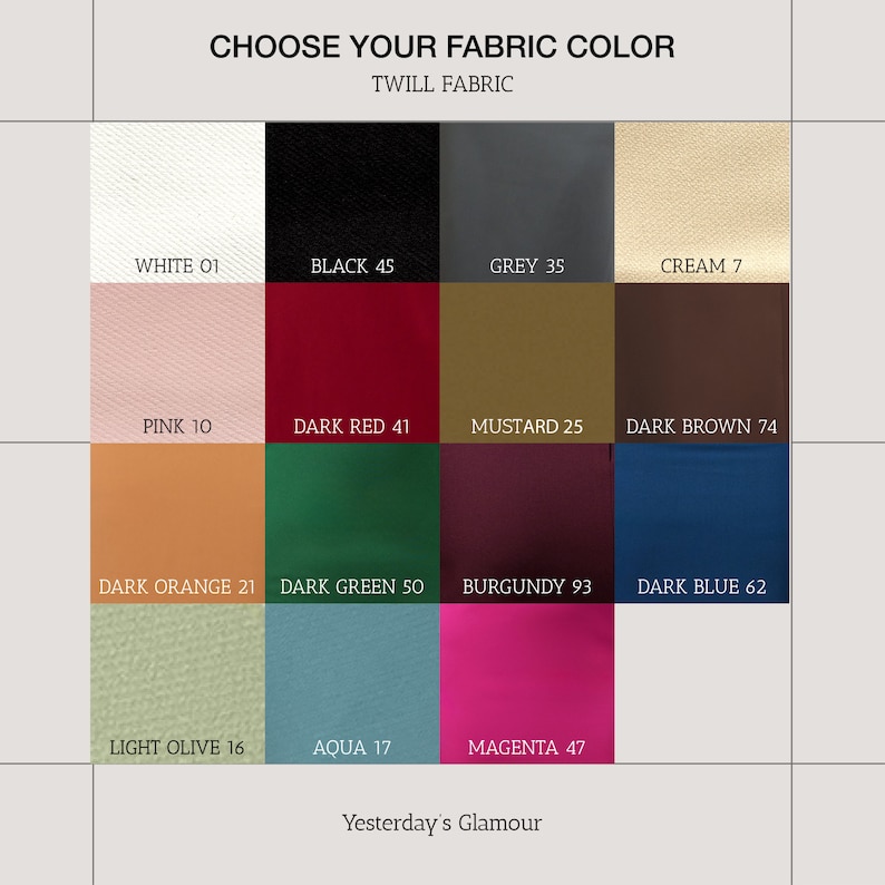 Puede incluir: Una carta de colores que muestra 12 colores de tela diferentes con sus nombres y n&uacute;meros. Los colores incluyen blanco, negro, gris, crema, rosa, rojo oscuro, mostaza, marr&oacute;n oscuro, naranja oscuro, verde oscuro, burdeos, azul oscuro, verde oliva claro, aguamarina y magenta.