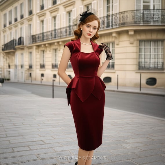 pencil skirt dress formal Naomi Structured Velvet | Peplum 1950s Inspired | Custom Made Dress | Elegant Vintage Look MAY 2026