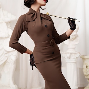 Dorothy 1950s Pencil Dress with Bow Tie Neck Retro Design