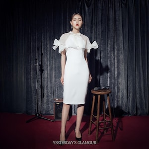 winter white pencil dress safuny Women's Plus Size Knee Length Pencil Dress Solid Color Block Winter Autumn Dresses Round Neck Elegant Casual Trendy Half Sleeve Holiday White L