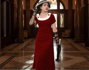 Retro Red A-Line Midi Dress | Scoop Neck, White Collar