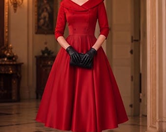 Red Taffeta Midi Dress | Folded Collar | Old Hollywood Evening Gown