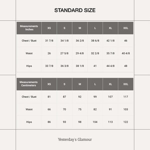 May include: Size chart for clothing in inches and centimeters. The chart shows measurements for chest, waist, and hips in sizes XS, S, M, L, XL, and XXL.