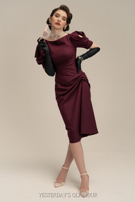 Rosa Puff Sleeve Dress - Elegant 1950s Style Cocktail Midi Dress for Classic Glamour & Vintage-Inspired Burgundy