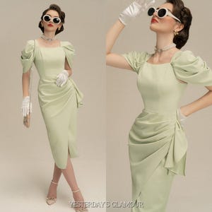 Elegant Pastel Olive Midi Dress with Puffed Sleeves and Draped Waist – Courtney 1950s Vintage-Inspired Formal Cocktail Party Dress