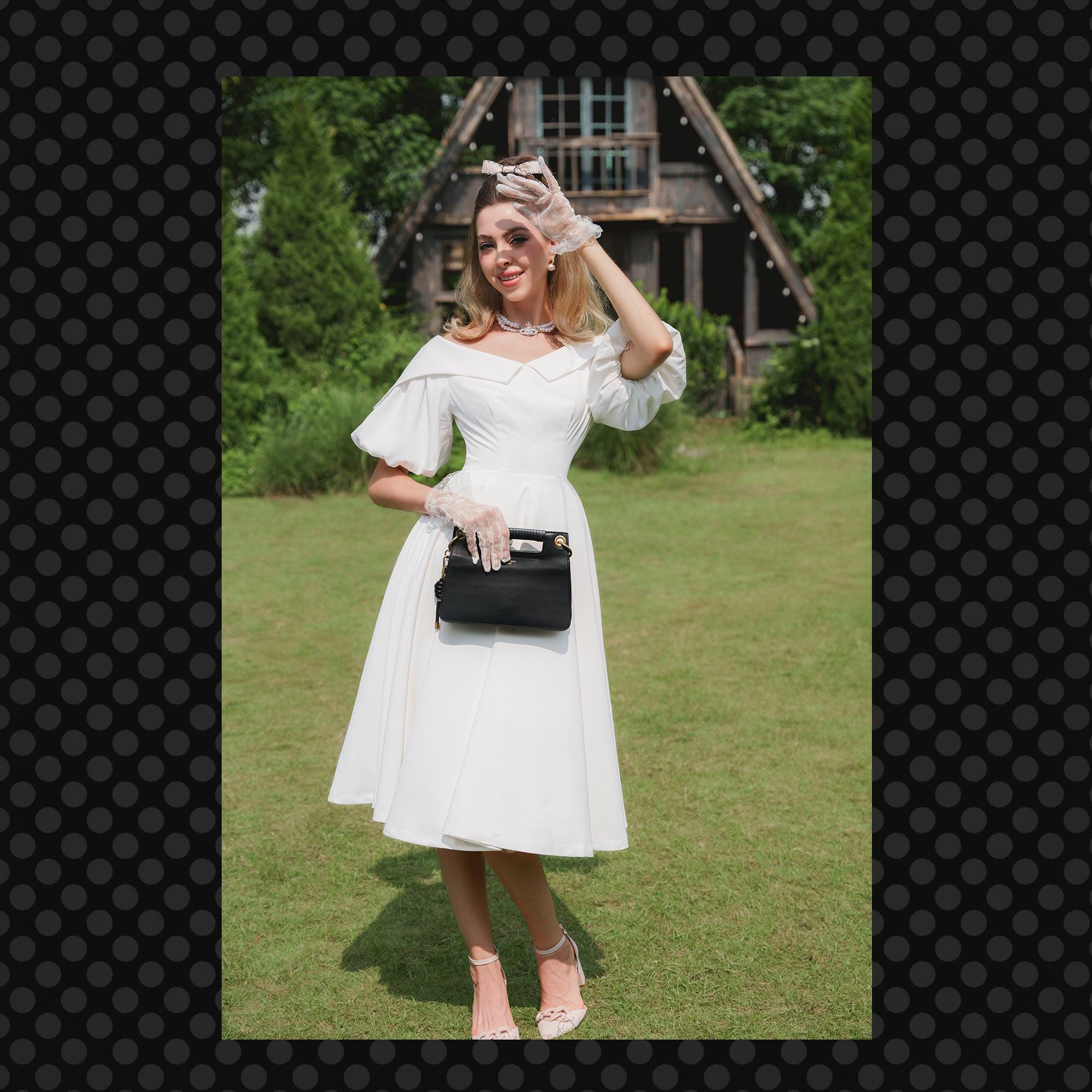 Jeffrey Off-shoulder Puff Sleeve A-line Dress - 1940s 1950s