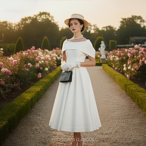 White Off-Shoulder Cape Midi | Elegant Full Skirt Silhouette | Classic Retro Inspired Ivory Look