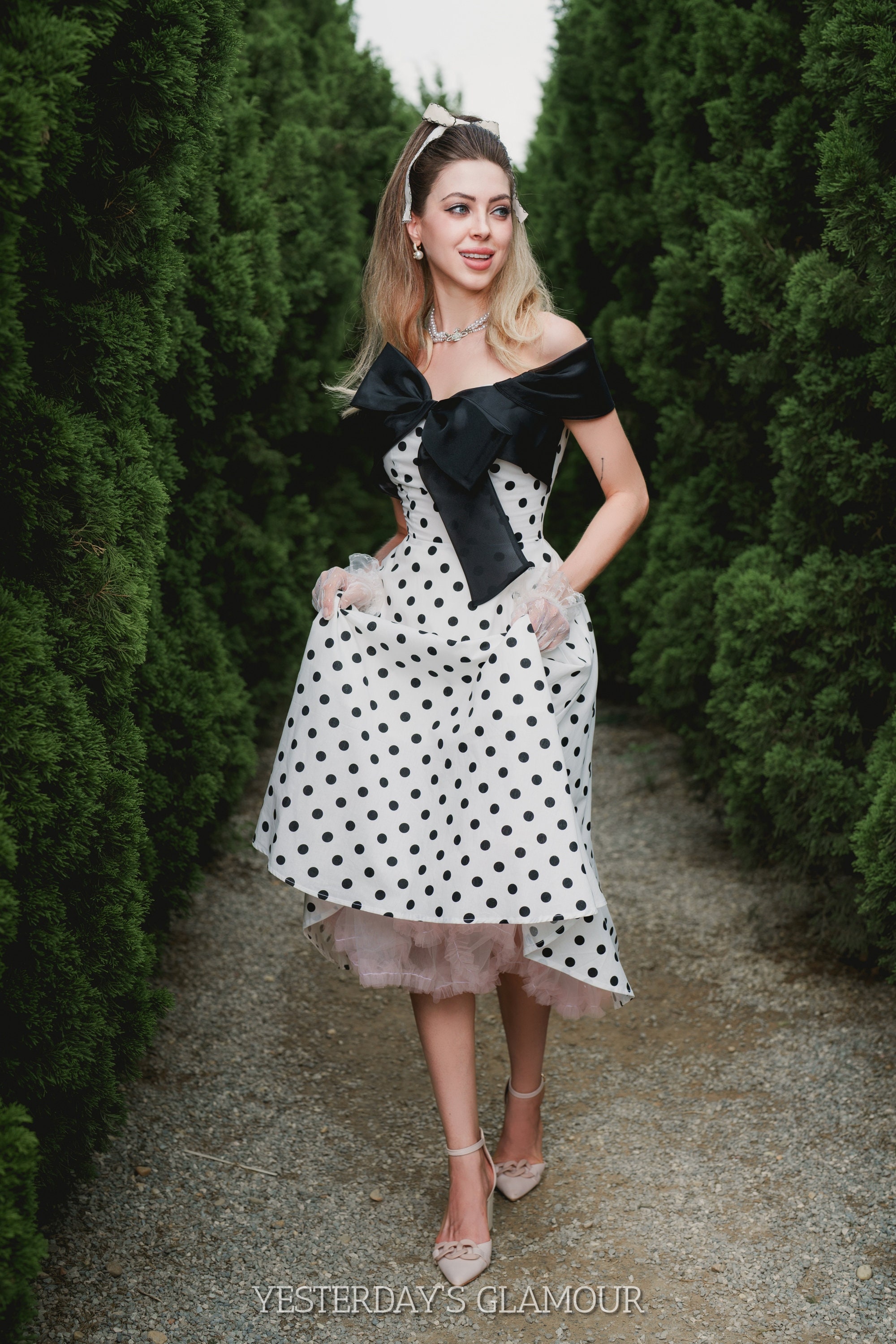 Aimee Bow Tie Swing Dress - Polka Dot off the Shoulder Girl Dress 