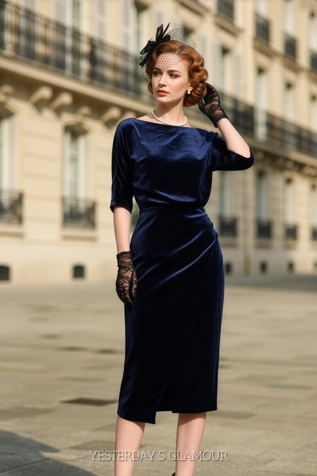 Navy Velvet Midi Gown | Vintage Inspired Pencil Silhouette | Elegant Evening Look | Classic Retro Party Wear Navy Velvet Midi Gown | Vintage Inspired Pencil Silhouette | Elegant Evening Look | Classic Retro Party Wear