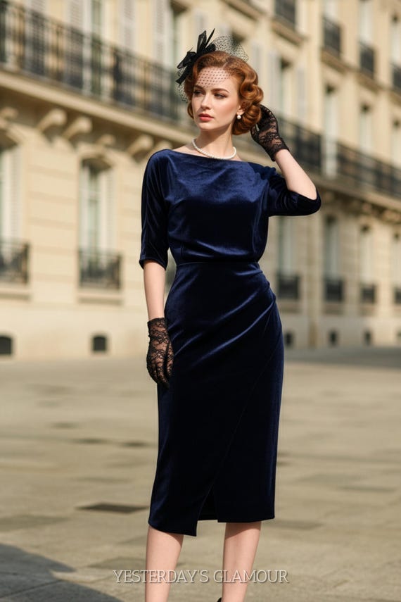Navy Velvet Midi Gown | Vintage Inspired Pencil Silhouette | Elegant Evening Look | Classic Retro Party Wear