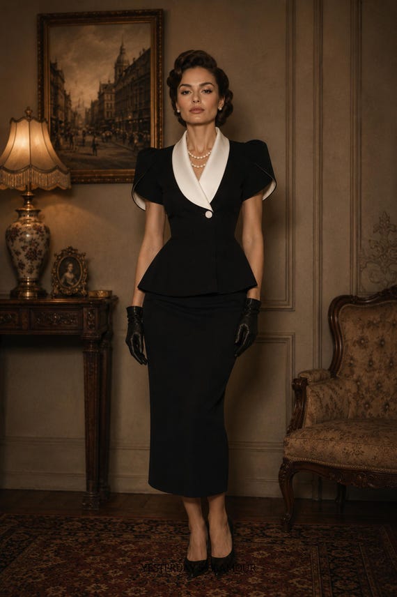 Vintage Black Suit Set | Retro Peplum Jacket | Elegant Pencil