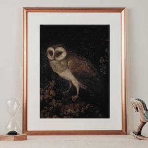 Dark academia antique Owl Painting / moody wall art IMPRIMIBLE / Rustic animal Print / Vintage bird Wall Art / Dark Art Digital Download