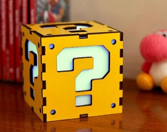 Mario Question Block Wooden Lantern | Best Valentine's Gift for boys & girls | Bedroom | Battery Operated Remote Control + Nightlight Mode