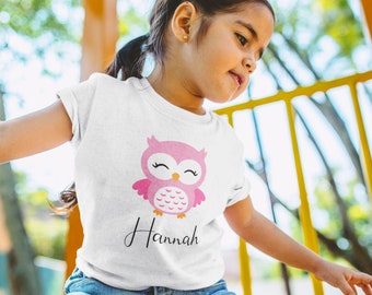 Geburtstagsshirt für Mädchen und Jungen | Personalisiertes Baumwollshirt mit Namen | Eulen Tierdesign | 1 2 3 4 5 6 7 8 9 Jahre alte Kinder