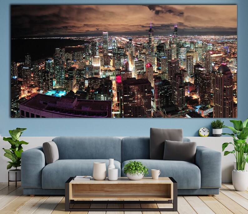 Chicago Wall Decor Urban Skyline Wall Art Huge Canvas Etsy