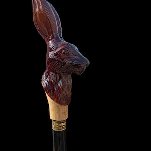 Handmade Hare Head Wooden Walking Cane: Carved Animal Handle