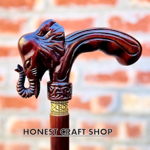 Elephant Cane: Hand Carved Oak Wooden Walking Stick, Ergonomic Palm Grip