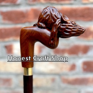 Handmade Carved Wooden Walking Stick: Rat Animal Design, 36 Inch