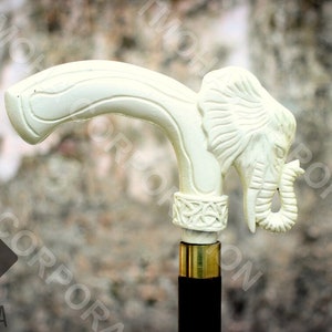 Handmade Carved Elephant Handle Ash Wood Walking Stick