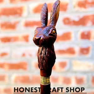 Hare Head Handle Wooden Walking Stick: Handmade Carved Cane