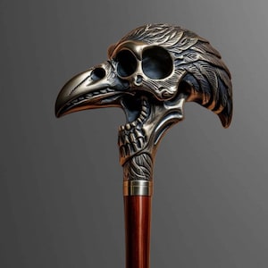 Crow Skull Handle Wooden Walking Cane: Handmade Ash & Oak