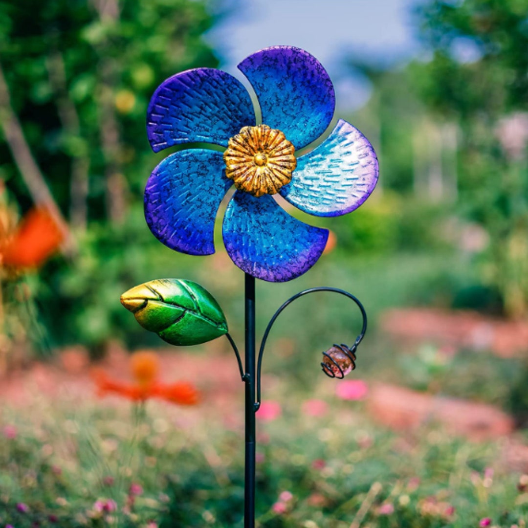 Blue Flower Outdoor Garden Pinwheels Metal Stake Wind Spinner Etsy