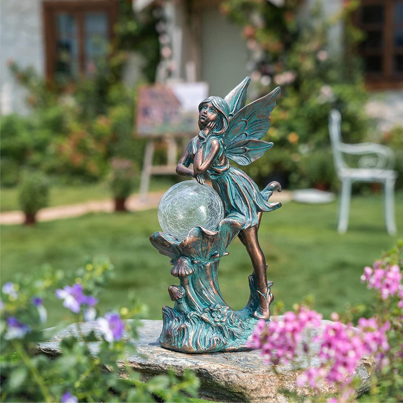 Solar Garden Fairy Statue Outdoor Bronze Fairy Sculptures Etsy