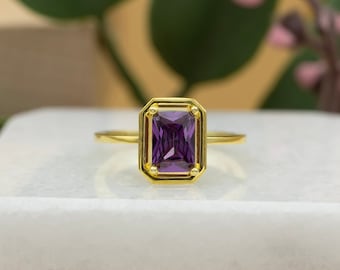 Octagon Cut Amethyst Ring, 14K Amethyst Wedding Ring, Solid Gold Amethyst Ring, 18K Amethyst Promise Ring, Anniversary Ring, Mothers Day
